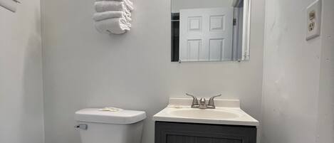 Un baño con inodoro, lavabo y espejo.