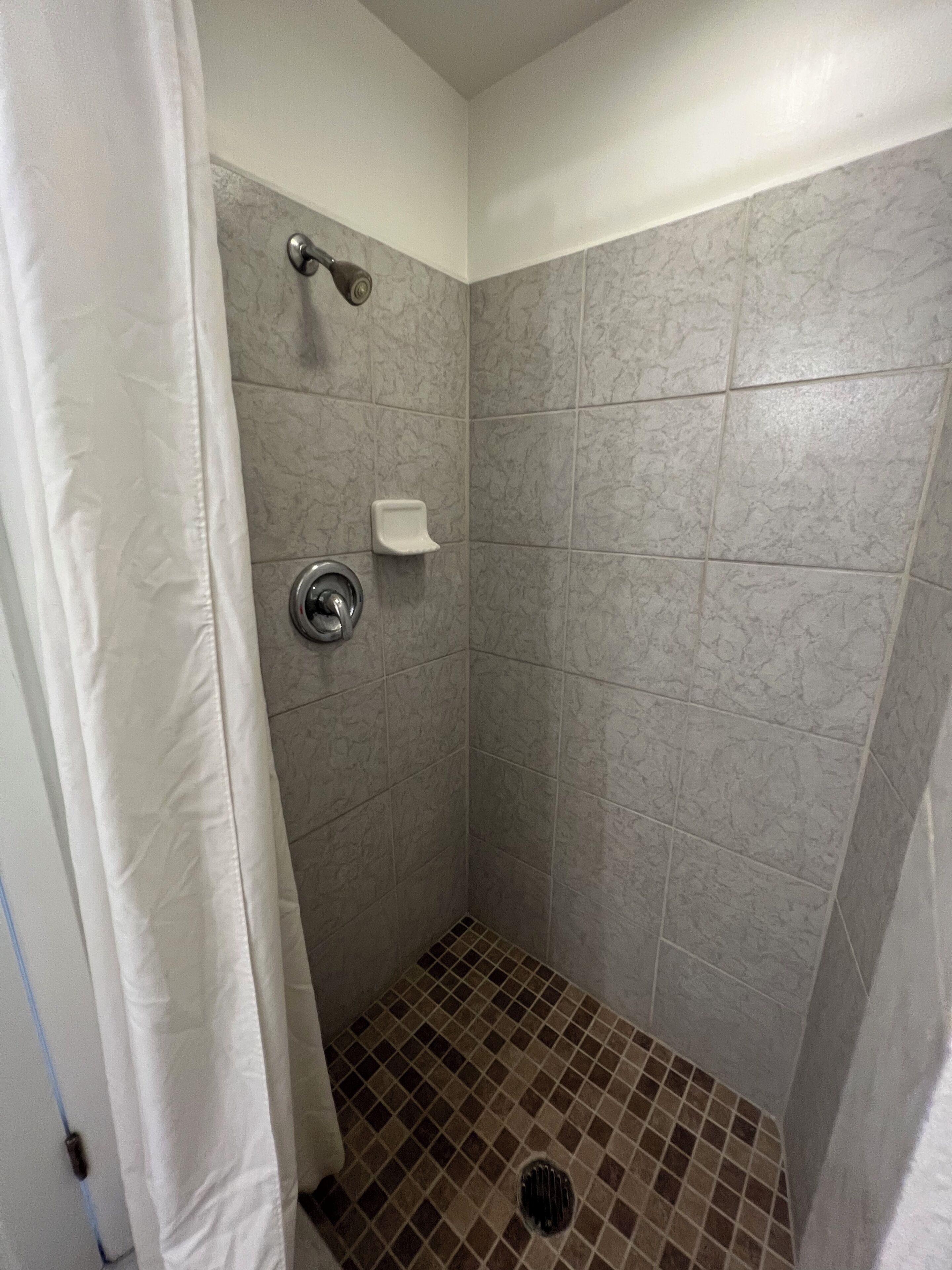 Una ducha pequeña con azulejos, un cabezal de ducha y un jabonera.