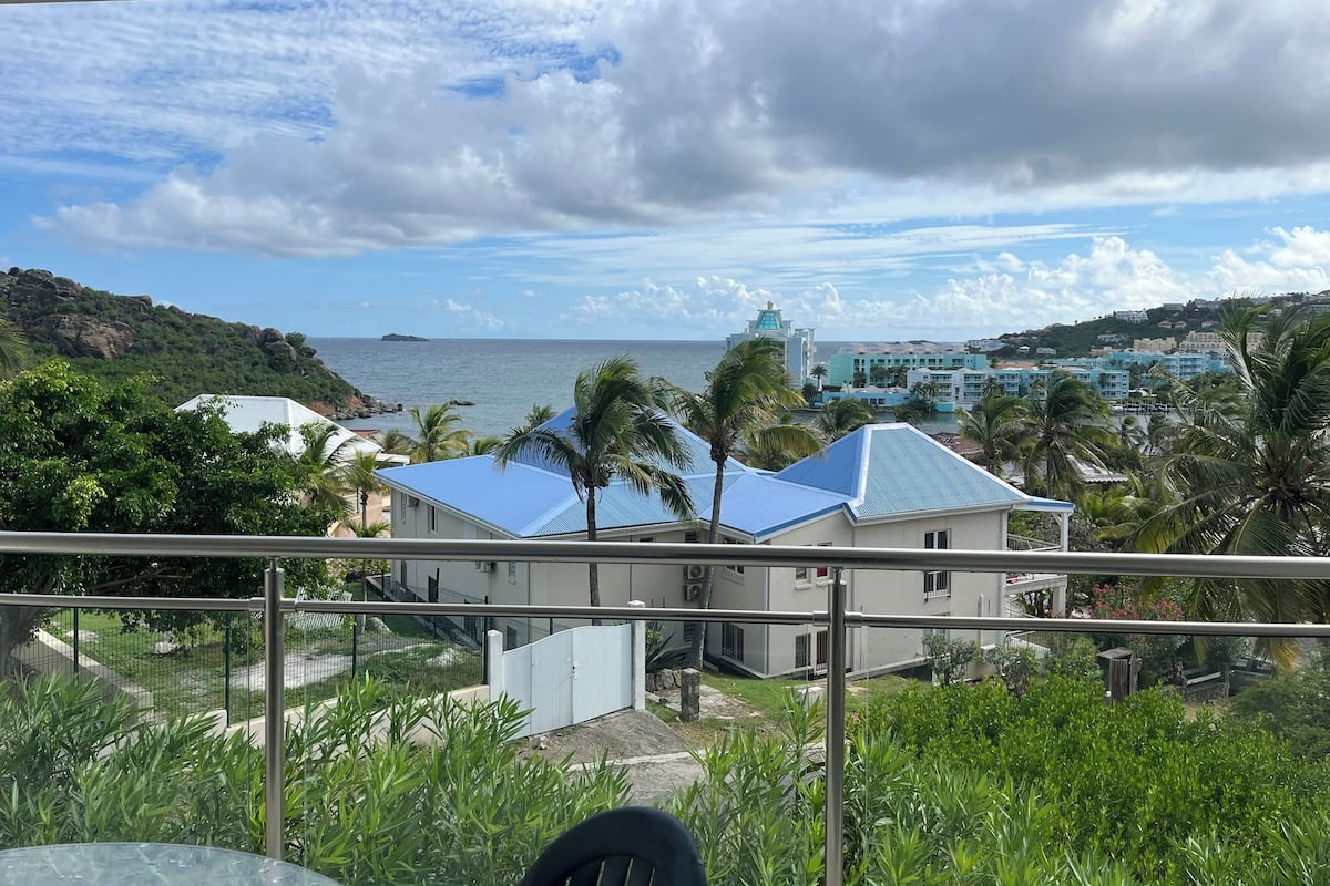 A coastal view with a building featuring a blue roof, surrounded by lush greenery and palm trees.