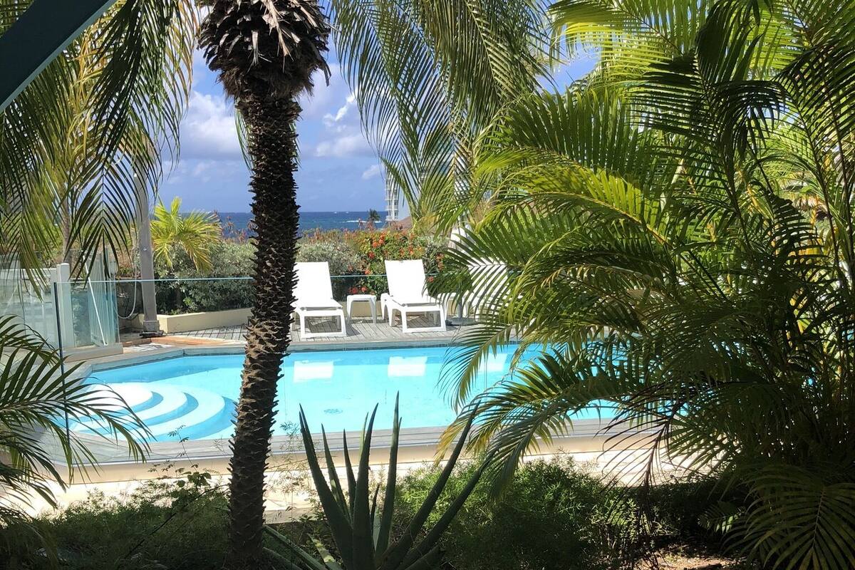 A pool area with lounge chairs, palm trees, and a view of the ocean.