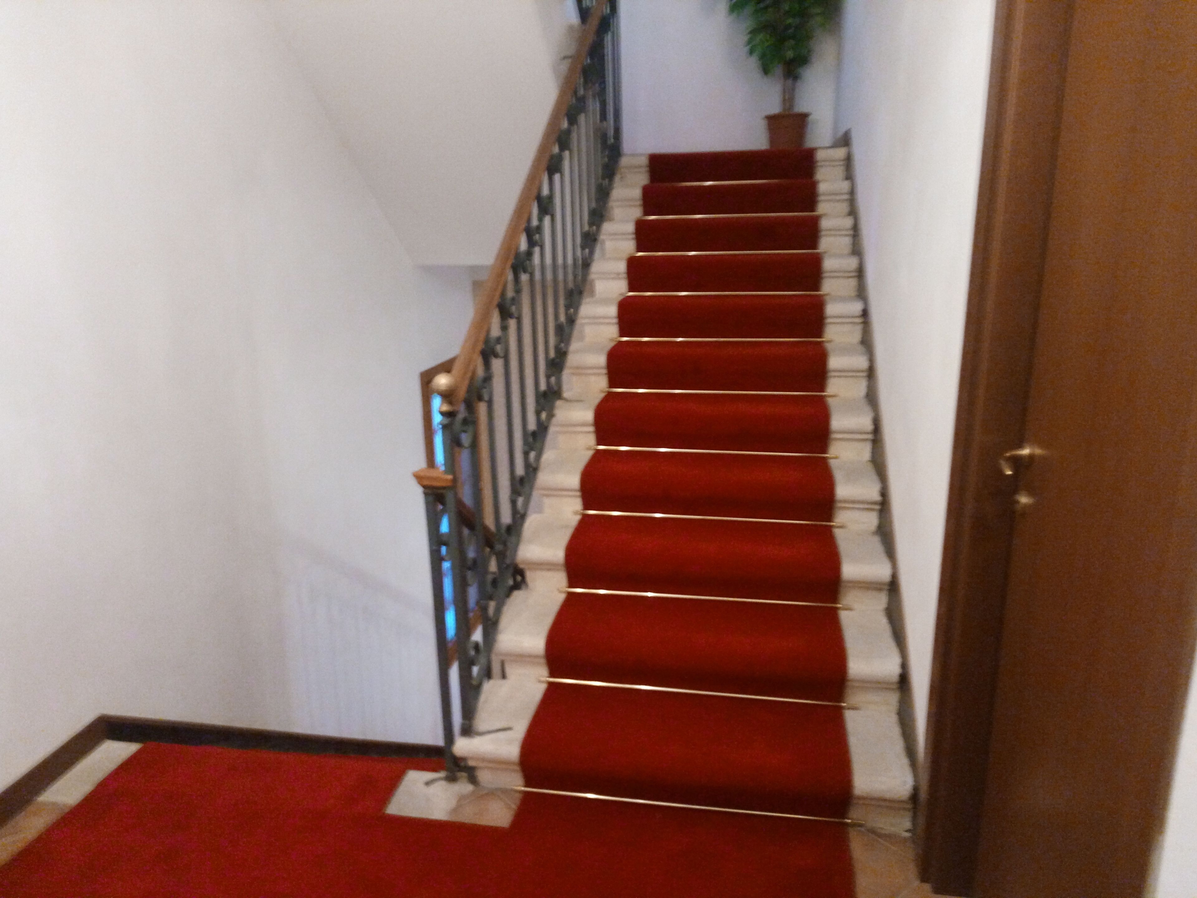 A staircase with red carpeted steps and a wooden handrail.