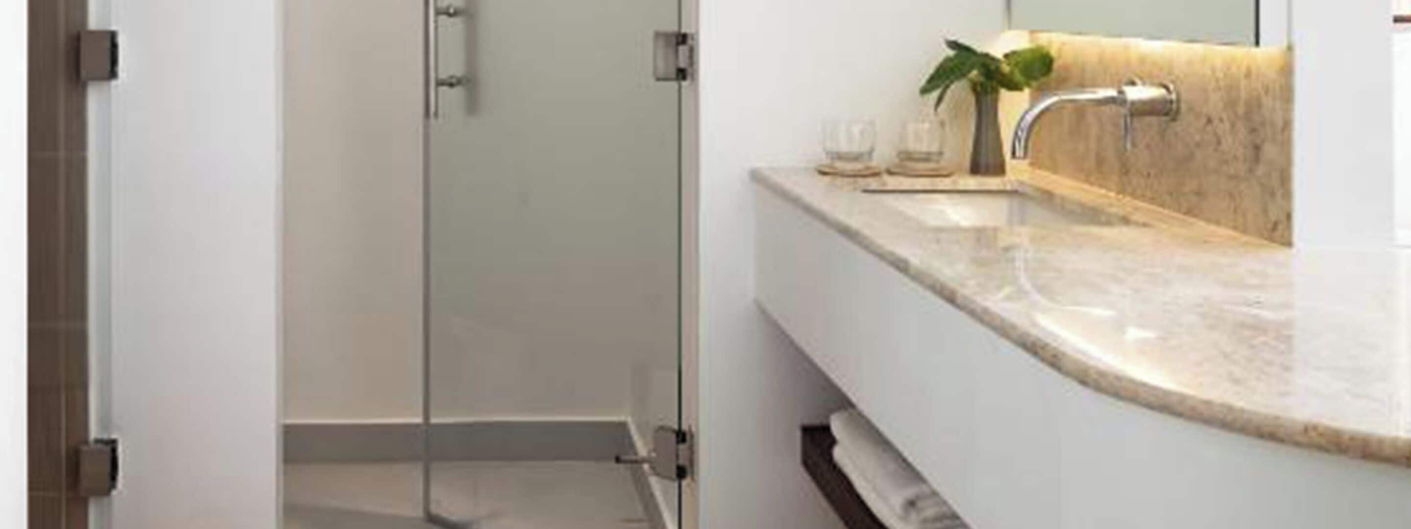 A bathroom with a glass shower enclosure, a marble sink, and a small plant on the countertop.
