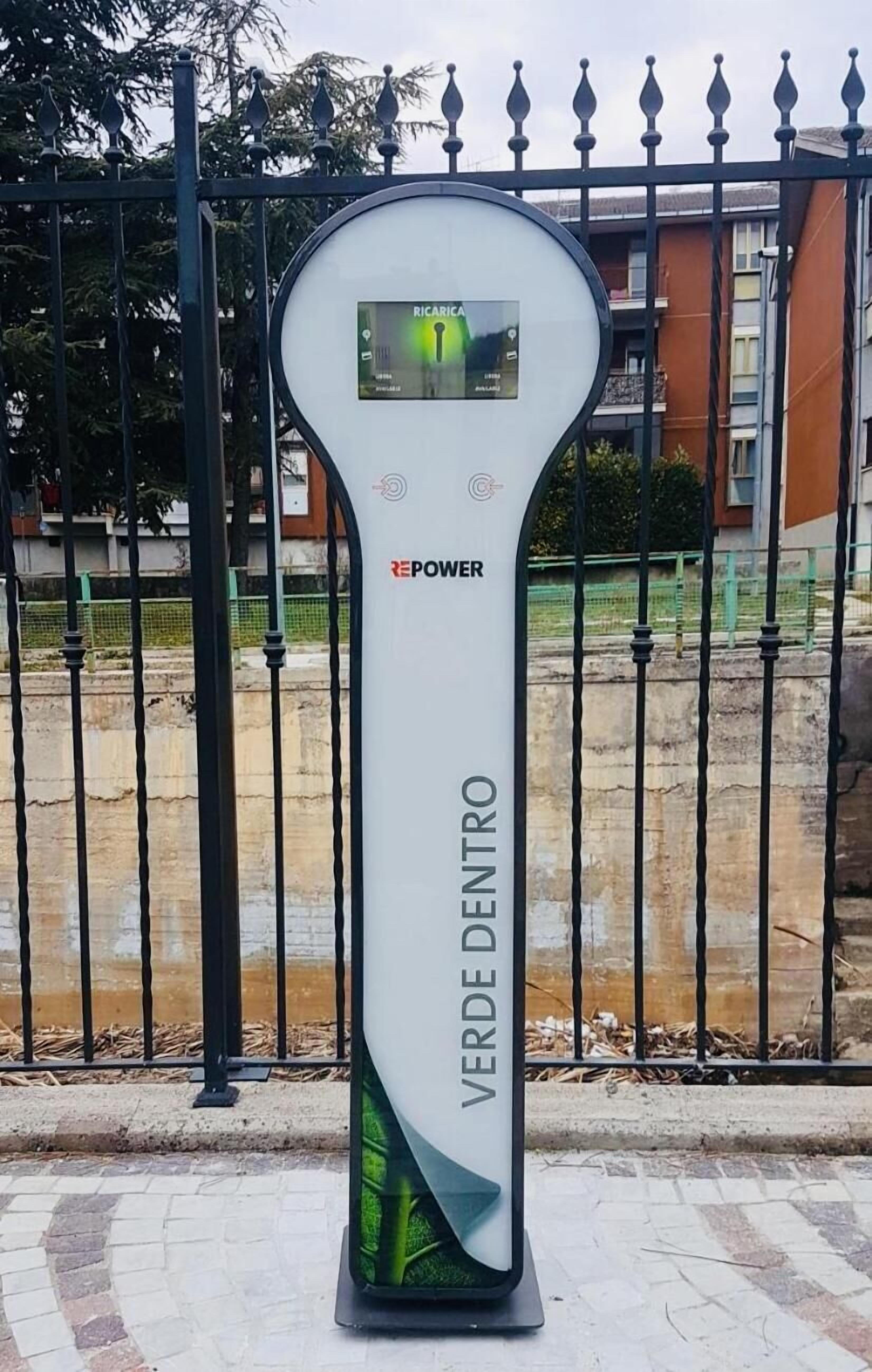 A public charging station with a digital display, branded with "RICARIA" and "REPOWER" logos, located in an urban setting with a metal fence and buildings in the background.
