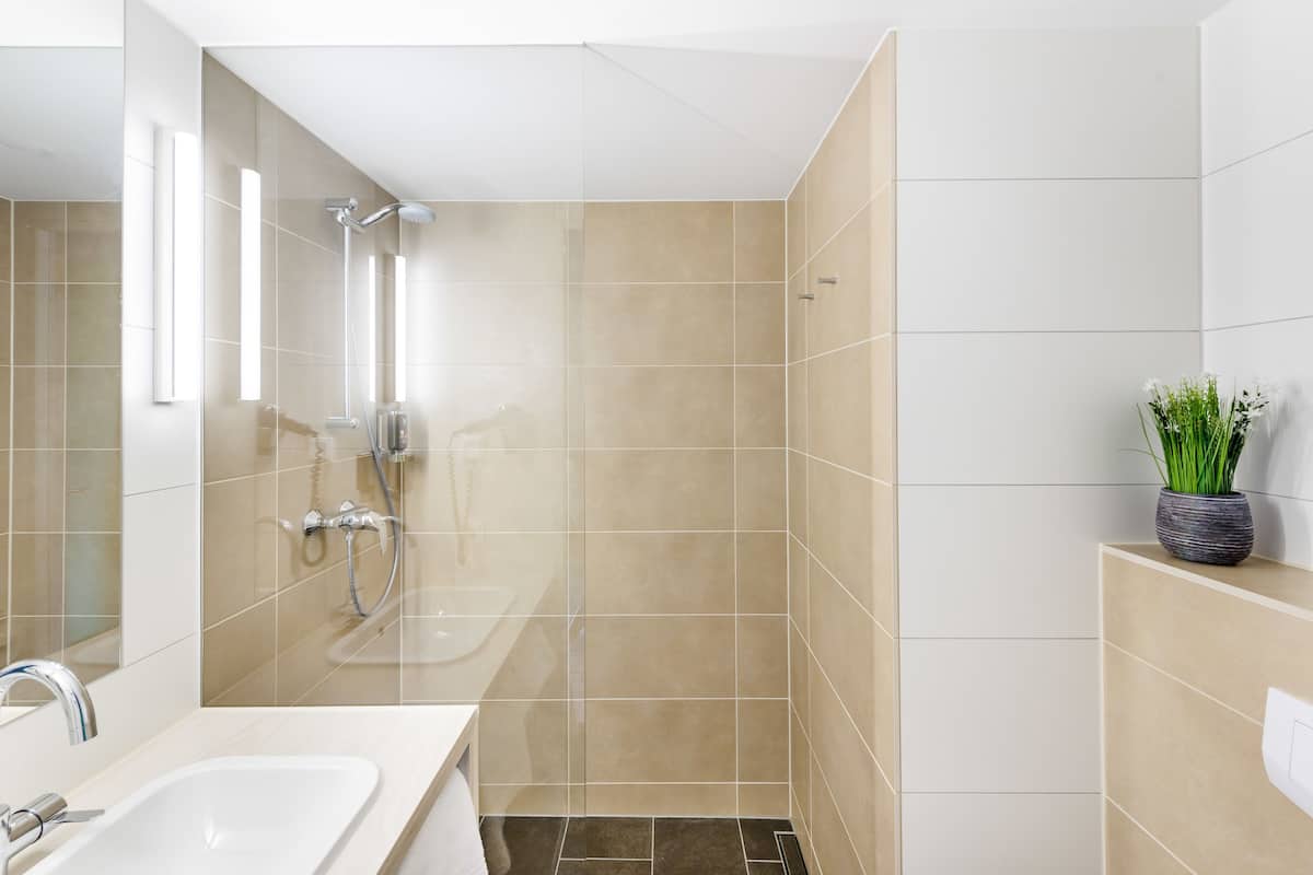 shower, eco-friendly toiletries, hair dryer, towels