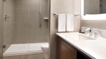 A modern bathroom with a glass shower enclosure, a white toilet, and a vanity with a mirror and sink.