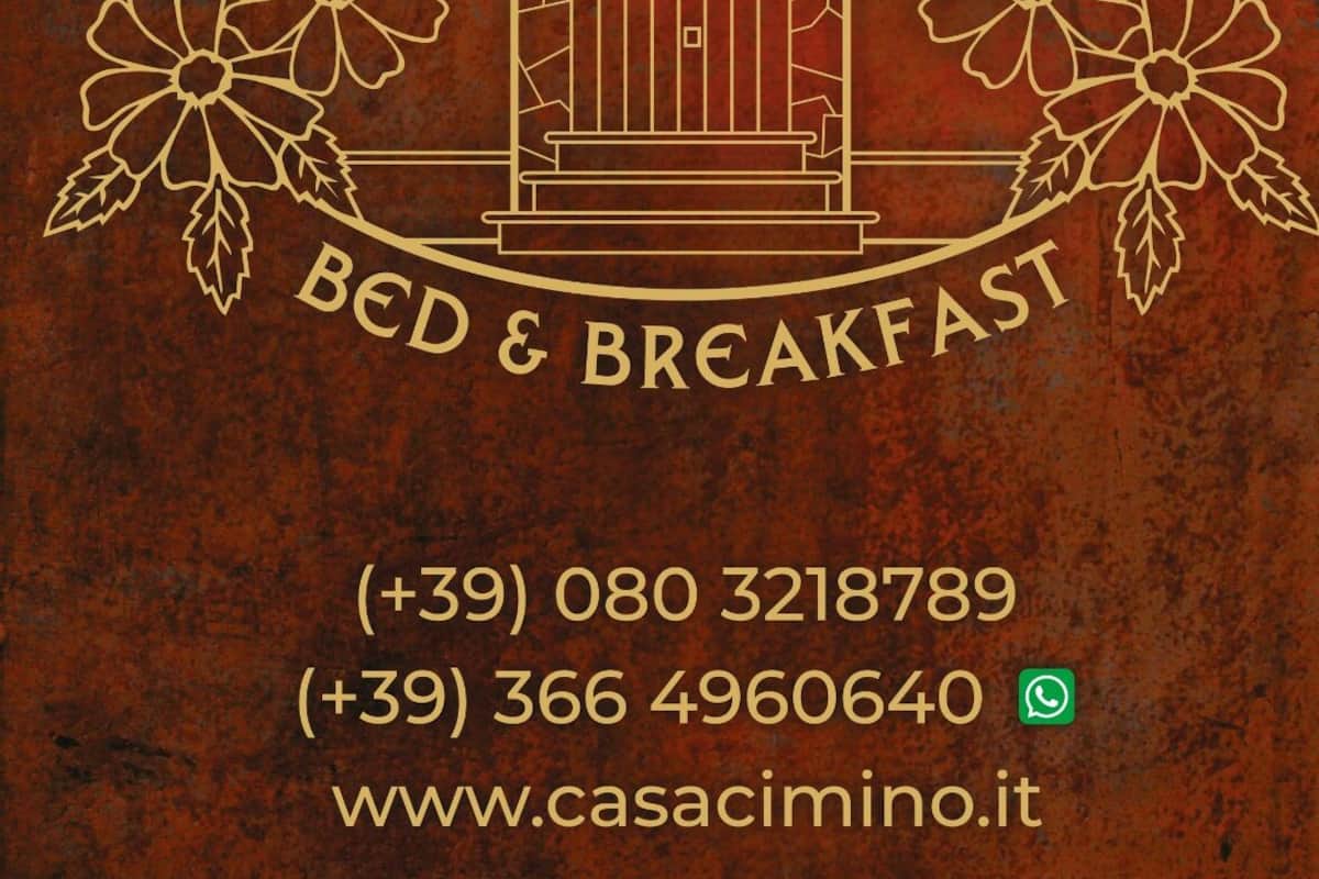 A logo for Casa Cimino Bed & Breakfast with a rustic design, featuring a gate and floral elements. Contact information and a website URL are provided.