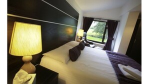 Habitación de hotel con cama, dos lámparas de noche, una ventana con cortinas y vistas a zonas verdes.