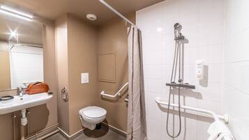 Shower, free toiletries, hair dryer, towels