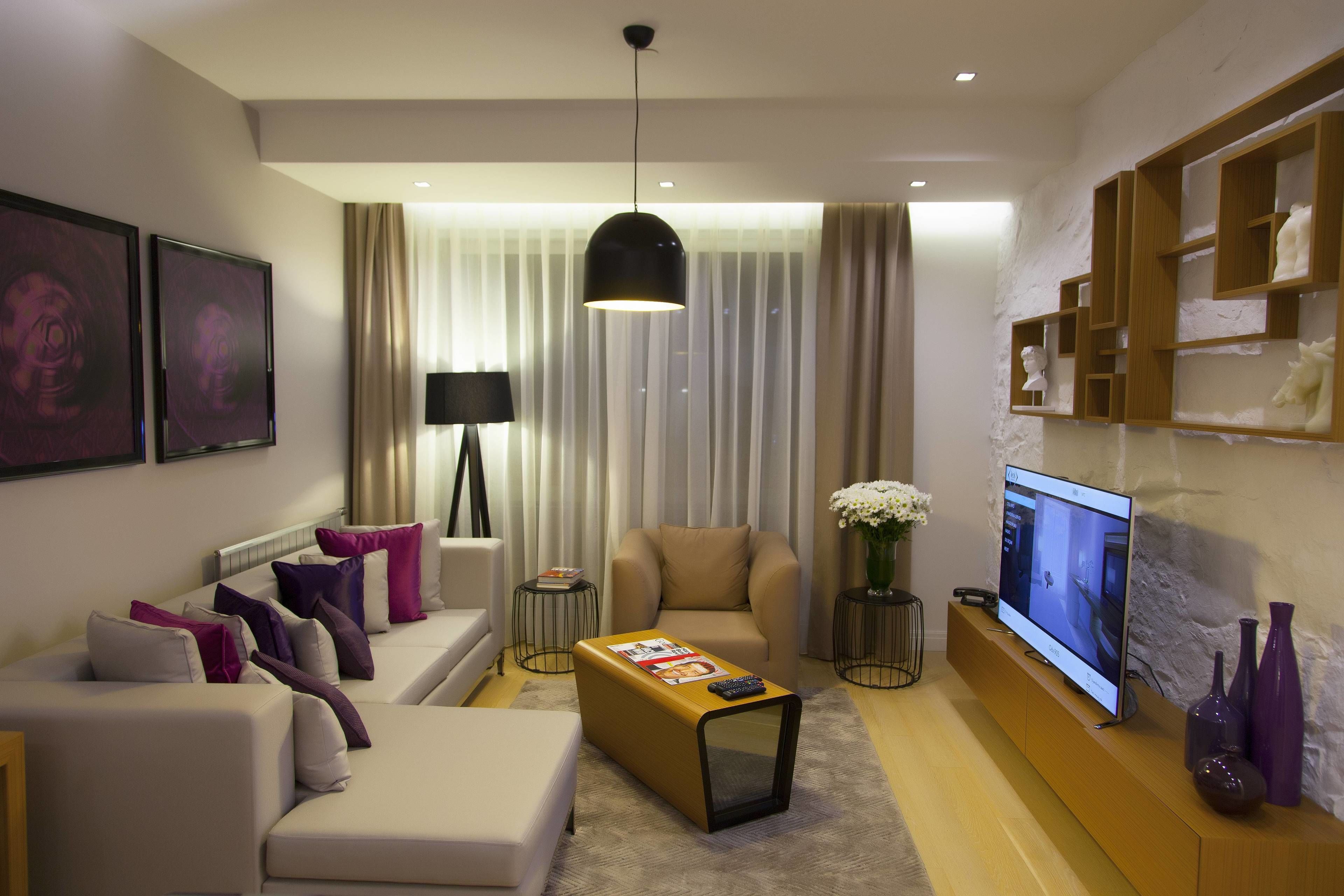 A modern living room with a sofa, coffee table, TV, and decorative items.
