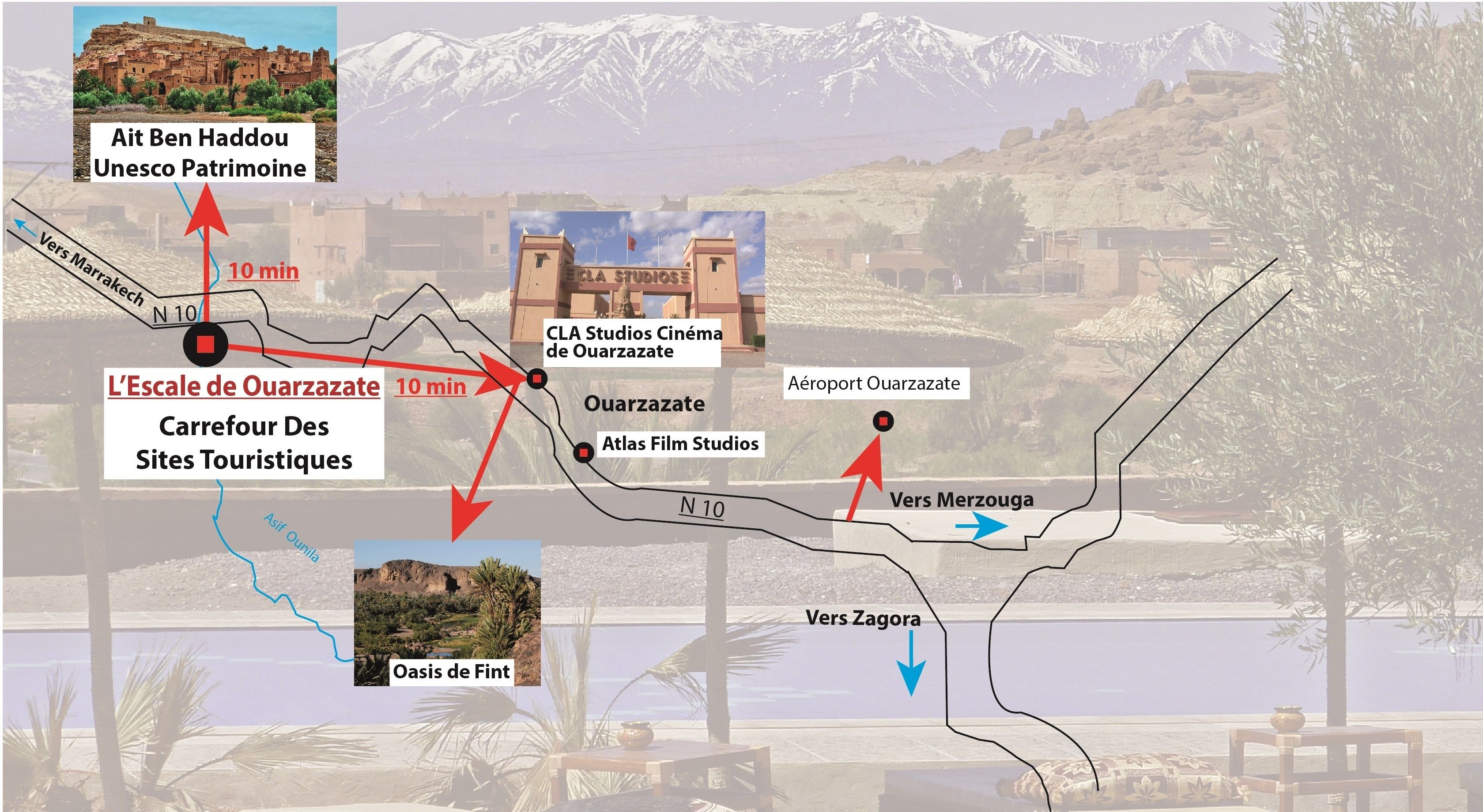 A map with tourist sites and directions.