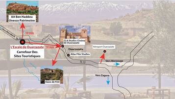 A map with tourist sites and directions.