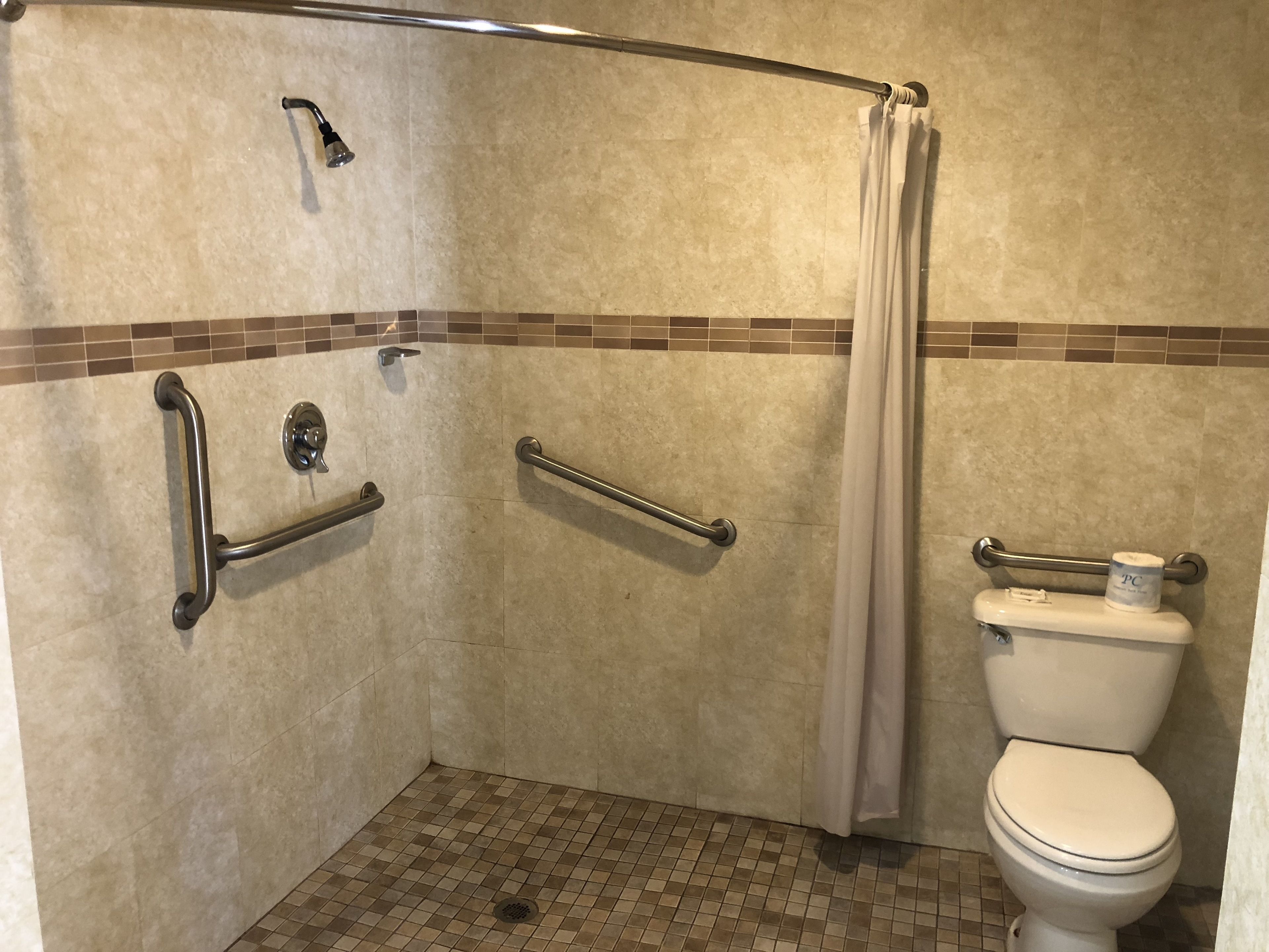 Un baño con ducha, inodoro y barras de apoyo.