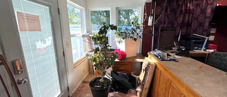 Una habitación con una puerta, una ventana, una planta en maceta, un escritorio con una computadora y una silla.