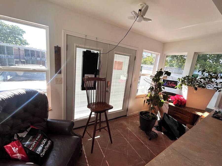 A room with a black leather sofa, a wooden chair, a ceiling fan, a potted plant, and a window with a view of the street.