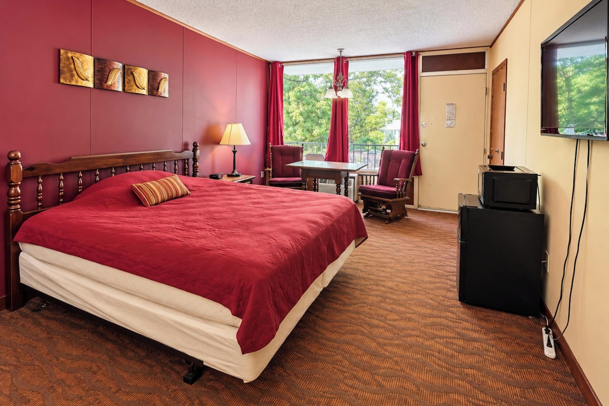 Een hotelkamer met een groot bed, een bureau, een stoel, een televisie en een raam met uitzicht op bomen.