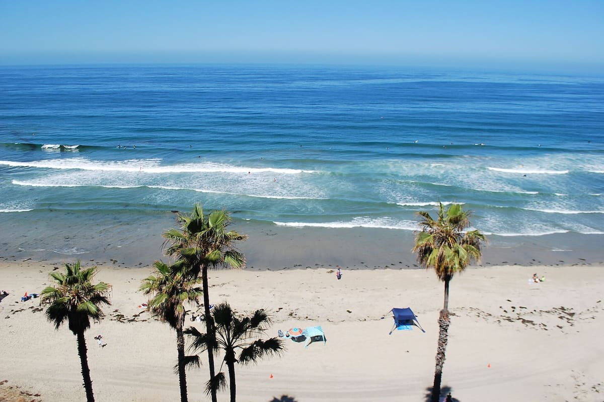 A beach with palm trees, a tent, and a clear view of the ocean.