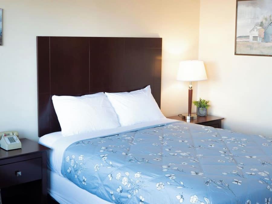 A hotel room with a bed, a nightstand, a lamp, and a painting on the wall.