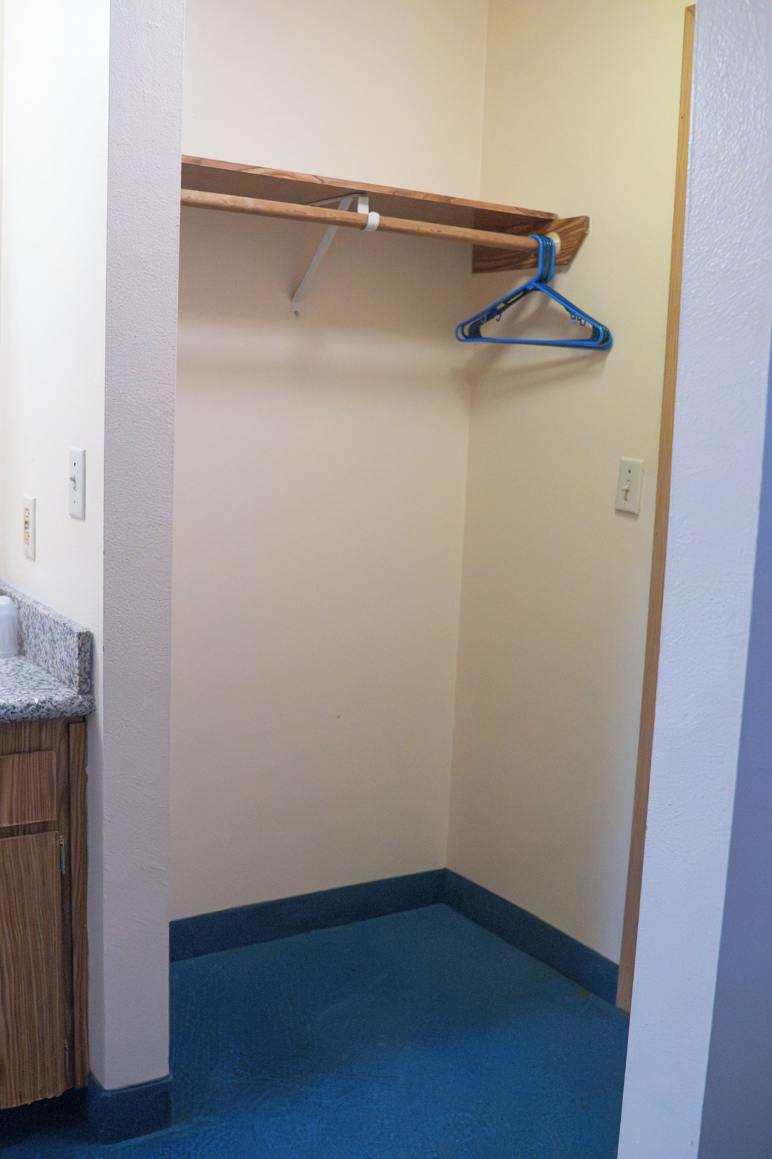 A small, enclosed closet with a wooden rod and a blue hanger.