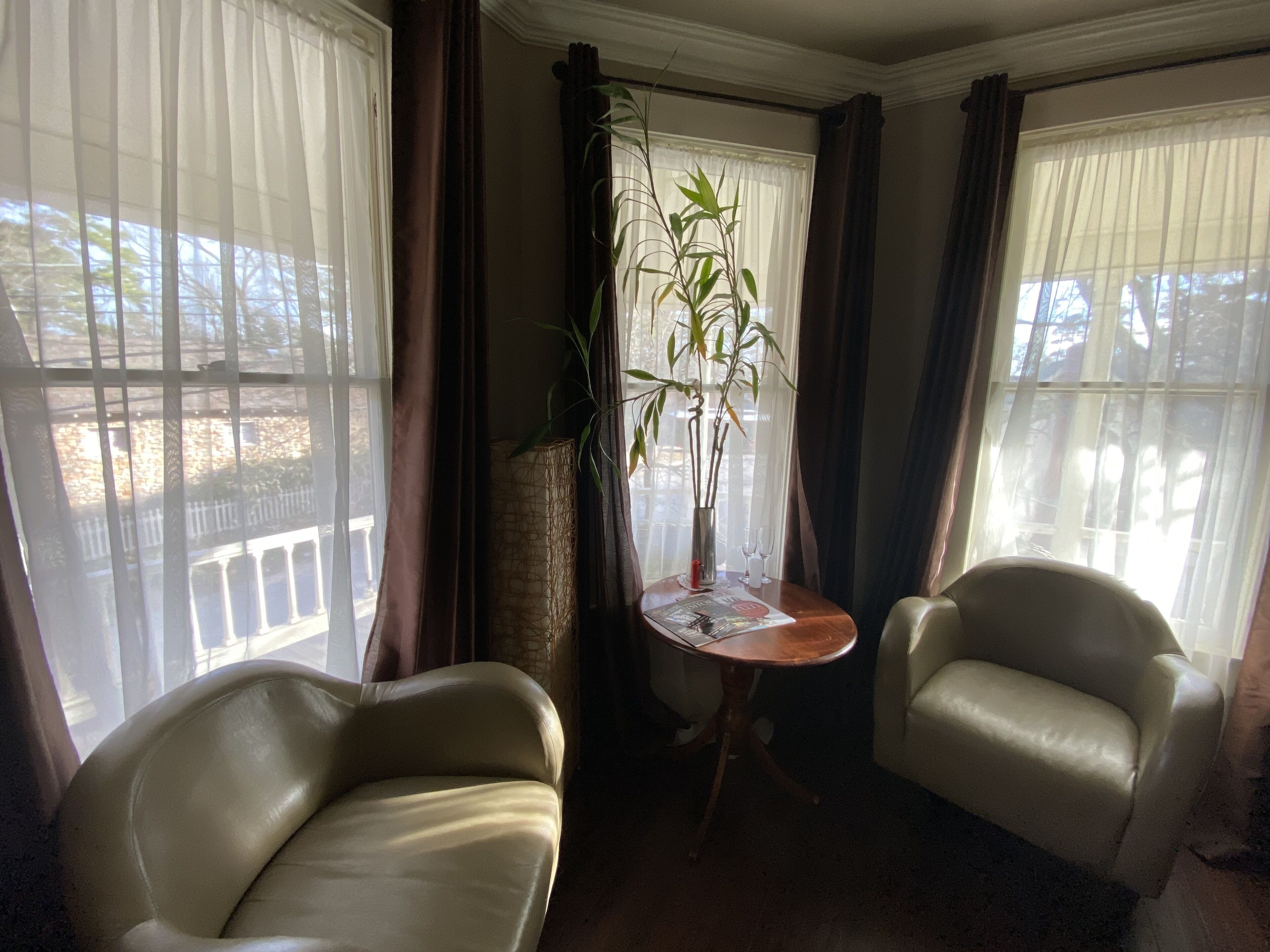A room with two leather armchairs, a small table with a vase of plants, and a window with sheer curtains.