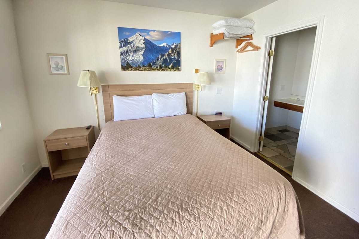 A hotel room with a bed, two bedside tables, a nightstand, a painting of mountains, a door, and a wall-mounted drying rack.