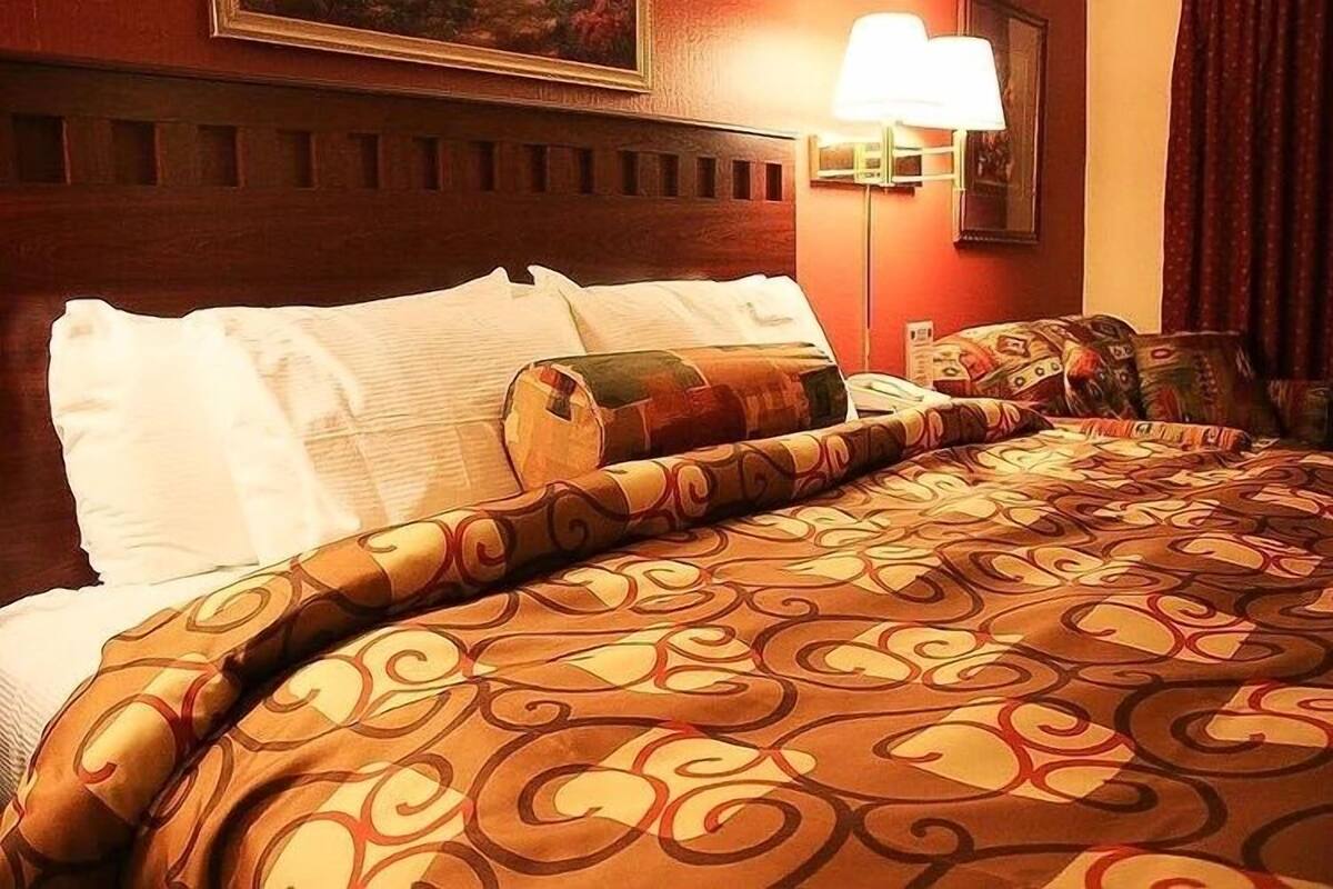Una habitación de hotel con cama, almohadas, colcha estampada, lámpara de pared y un cuadro sobre la cama.