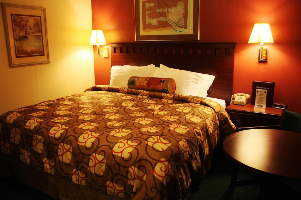 Habitación de hotel con una cama grande, dos lámparas de noche, una mesita de noche con teléfono y un cuadro en la pared.