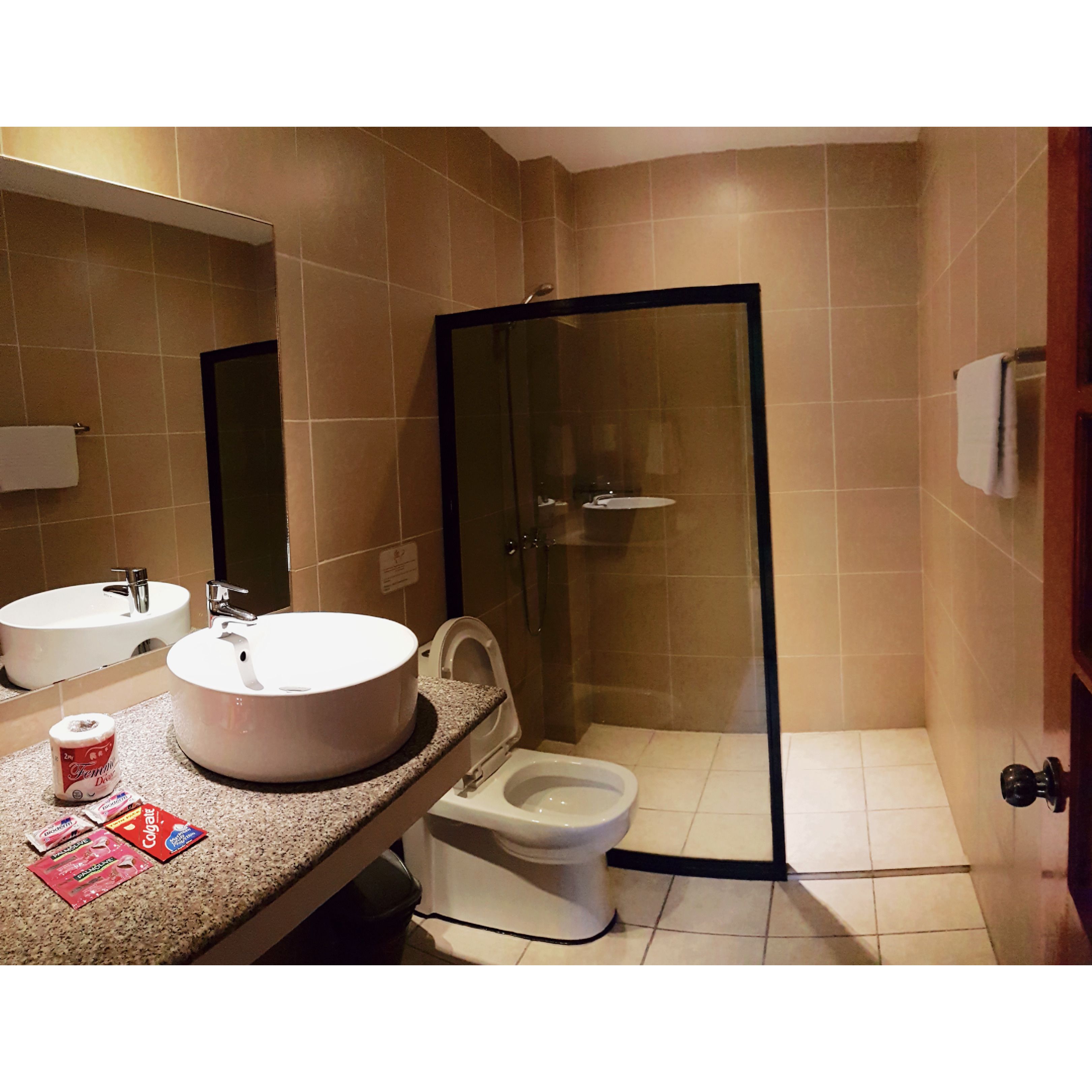 shower, free toiletries, hair dryer, towels