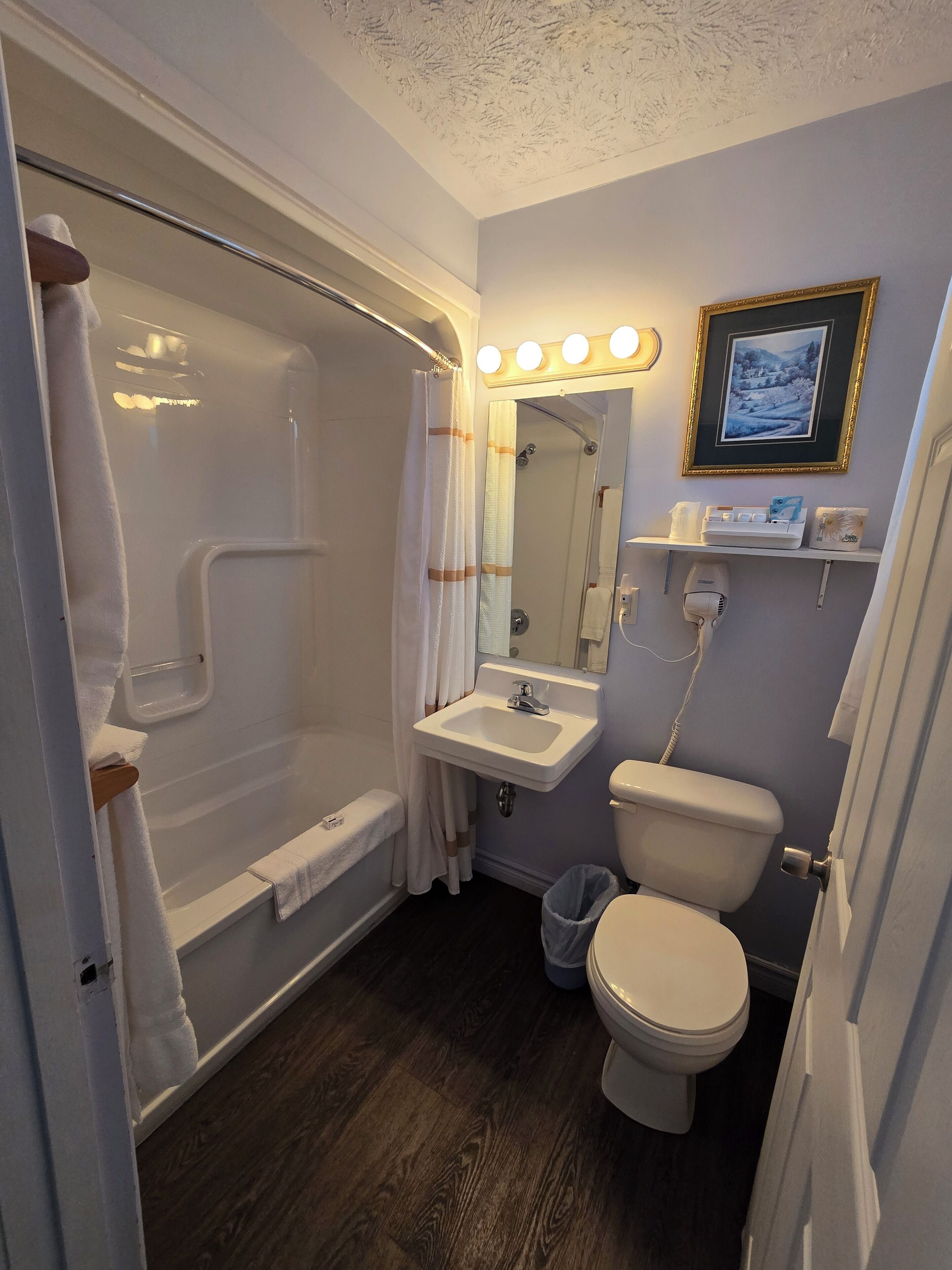 Un baño con ducha, lavamanos, inodoro y espejo sobre el lavabo.