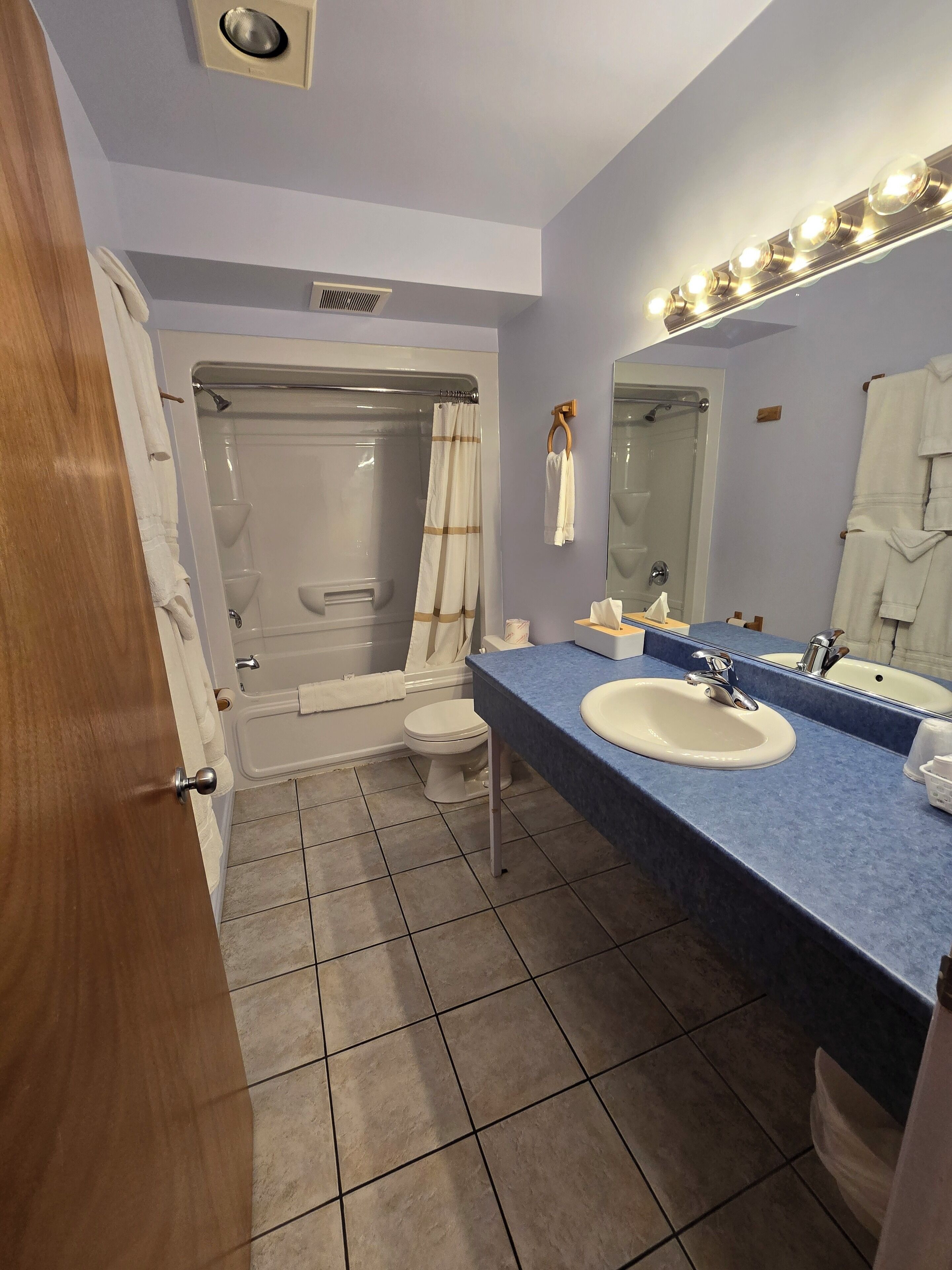 A bathroom with a bathtub, toilet, sink, and a mirror with lights.