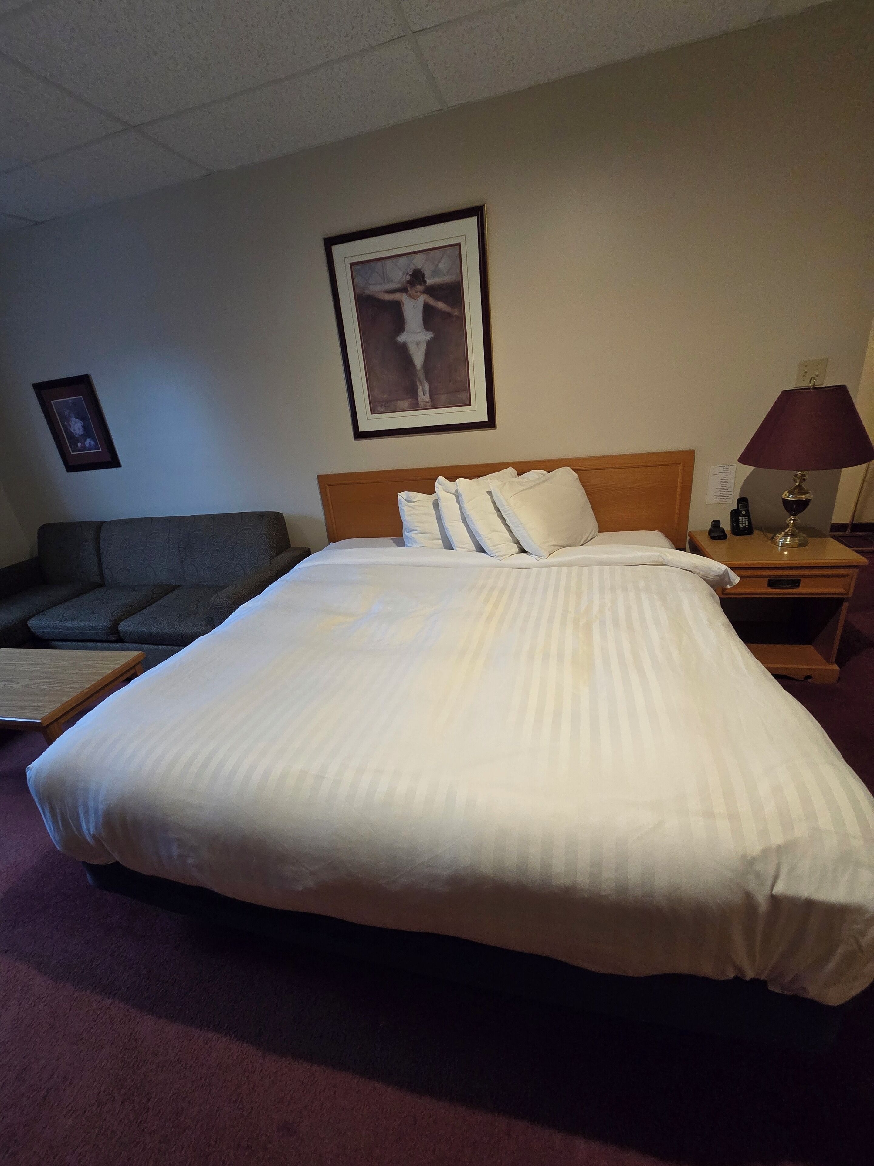 Camera d'albergo con un letto grande, una testiera in legno, un comodino con una lampada, un quadro incorniciato appeso al muro e un divano grigio.