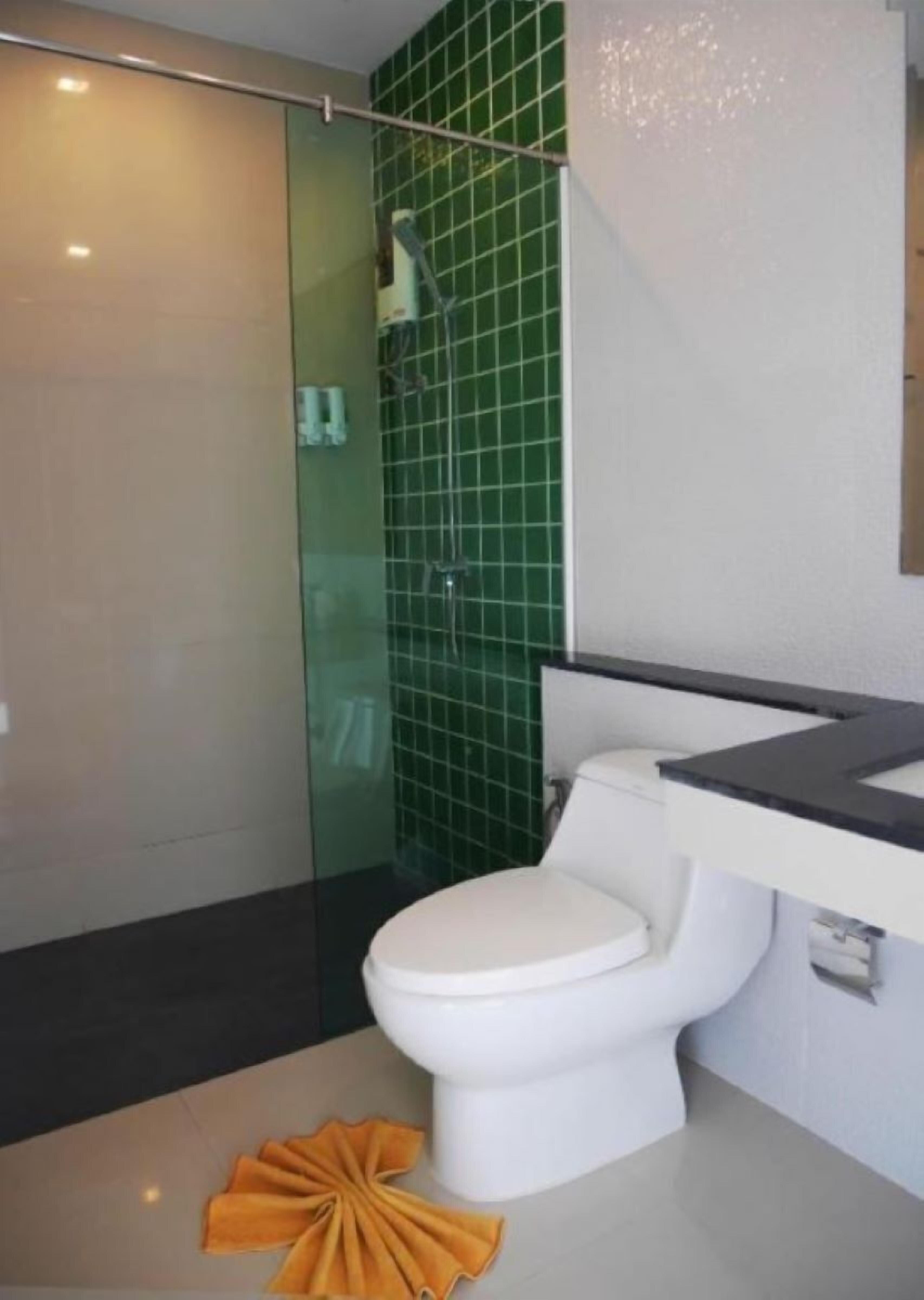 A modern bathroom with a glass shower enclosure, a white toilet, and a black countertop.