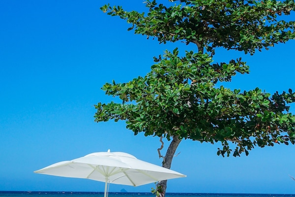 Private beach, white sand, sun loungers, beach umbrellas