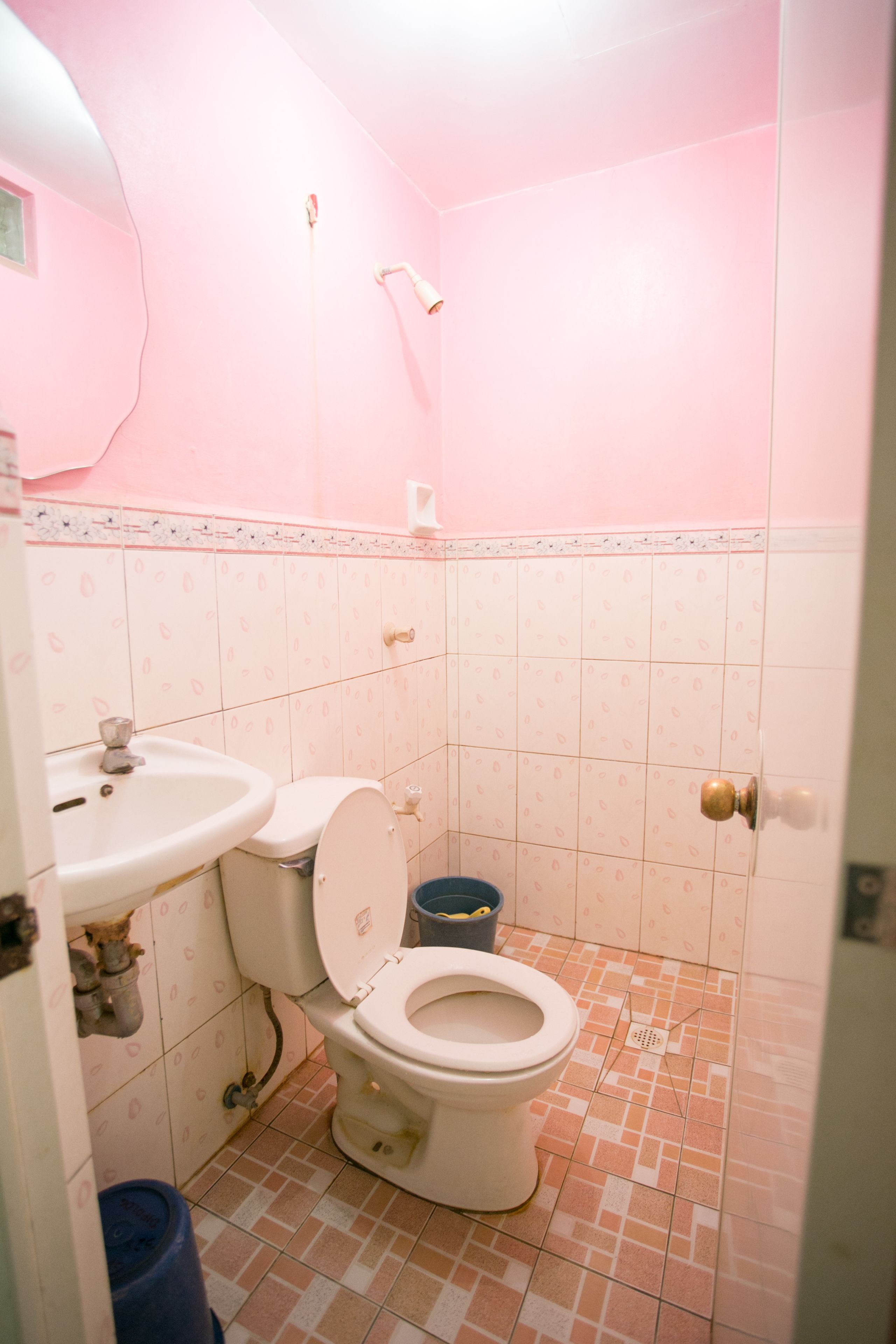 Un baño pequeño con inodoro, lavamanos y ducha.