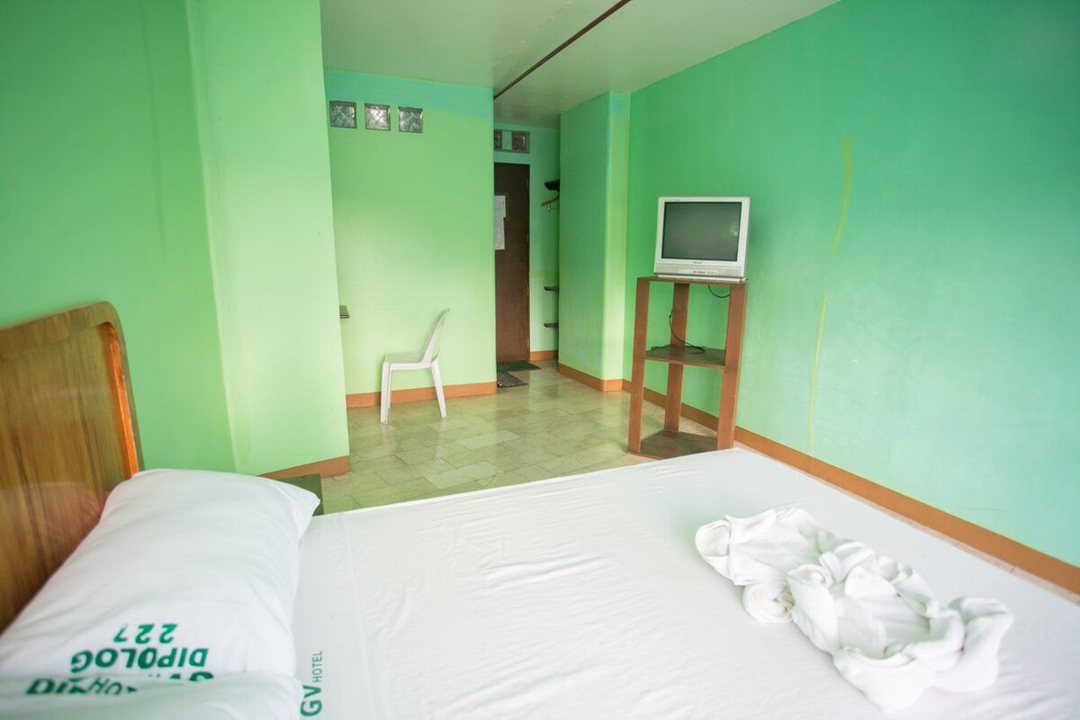 Una habitación de hotel con una cama, un televisor sobre un soporte y una silla.