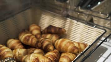 A display case containing croissants.