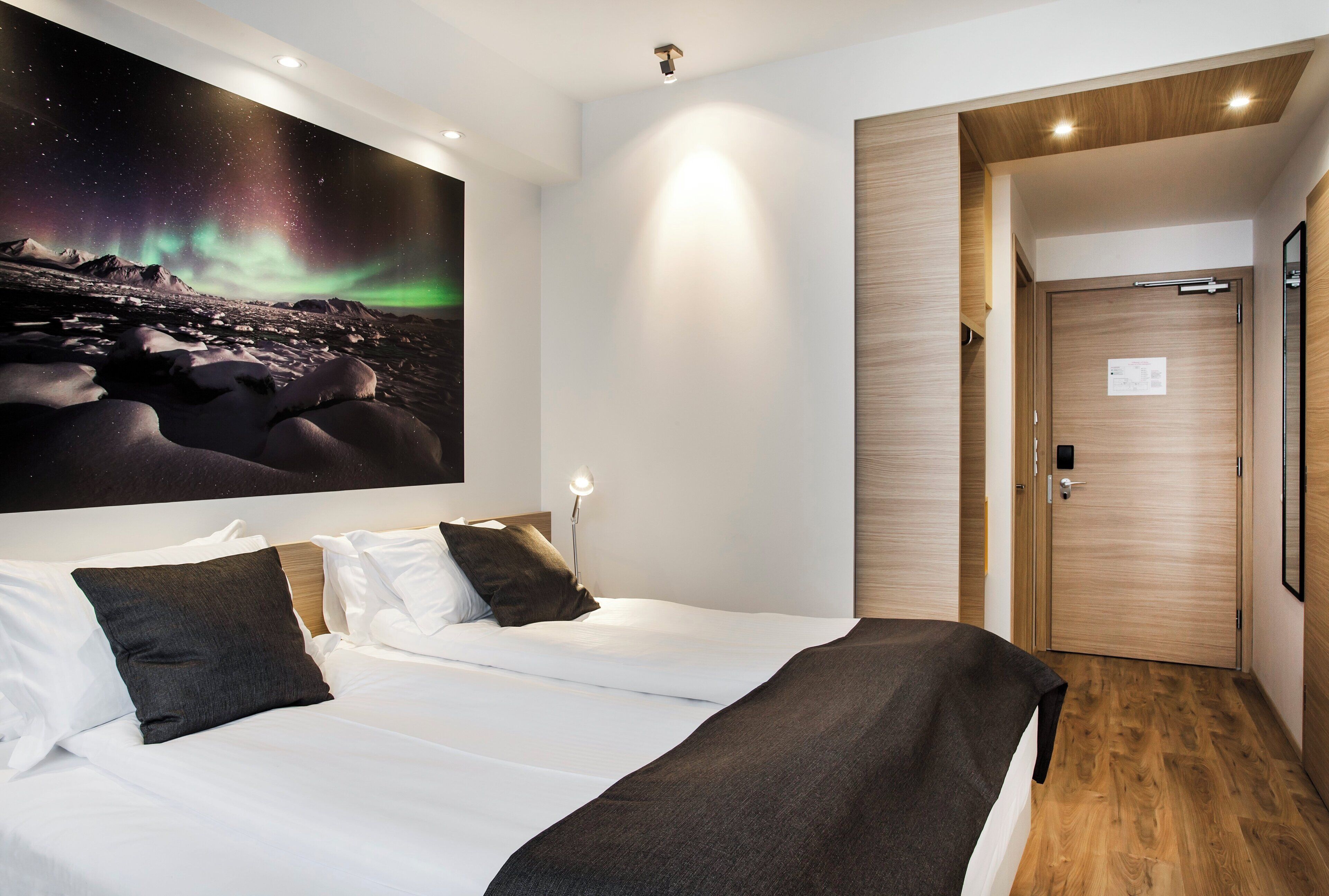 A hotel room with a bed, a night sky mural, a wooden door, and a nightstand with a lamp.