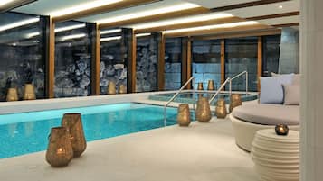 Indoor pool, seasonal outdoor pool, pool umbrellas, pool loungers