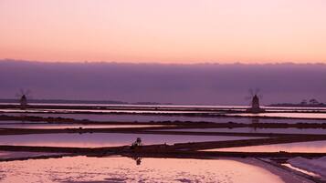 A serene landscape with windmills and reflective water bodies, likely a tourist attraction.