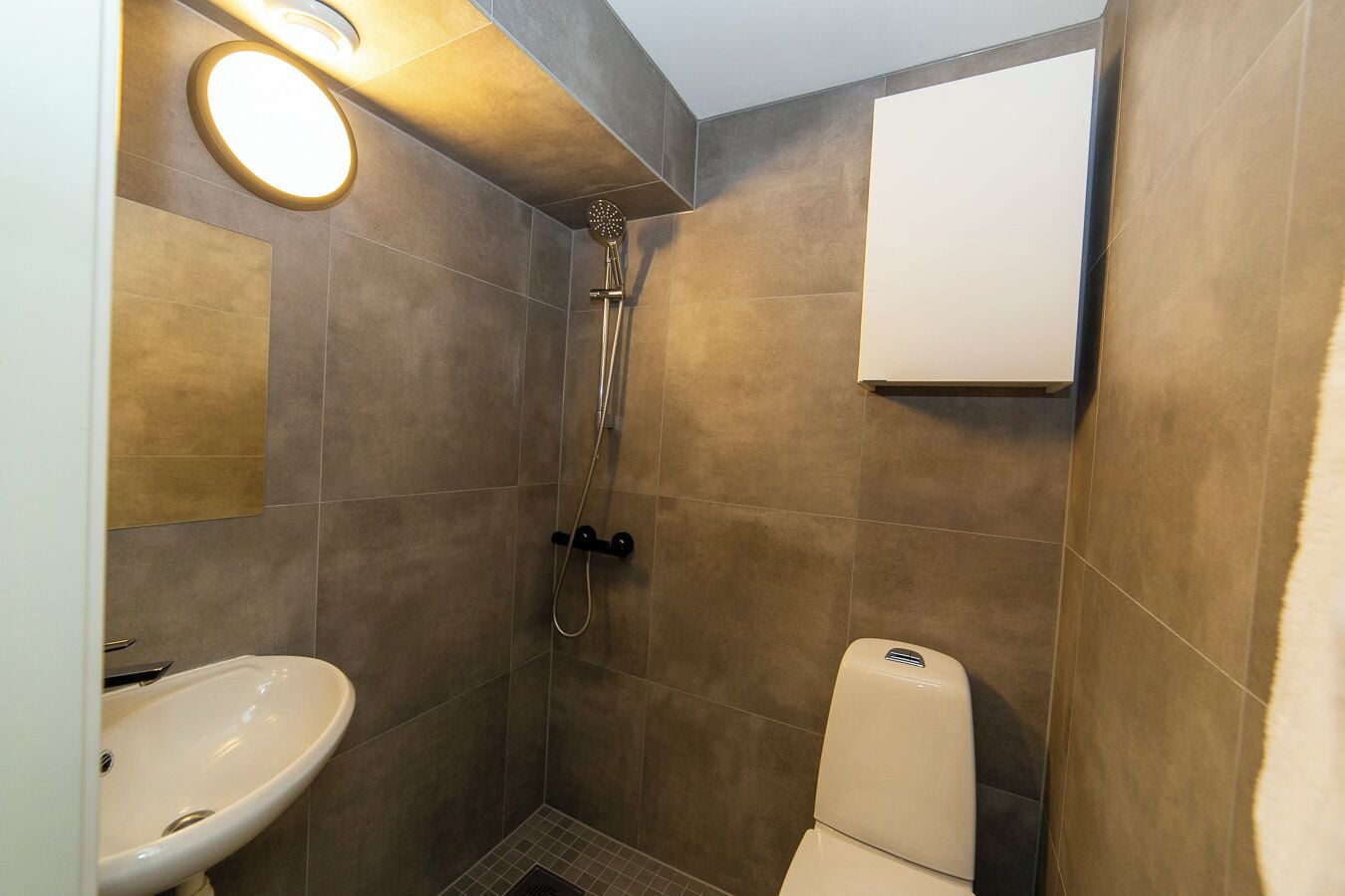 A bathroom with a shower, a sink, and a toilet.