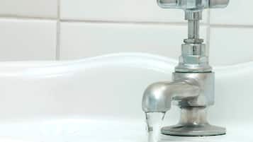 Combined shower/tub, free toiletries, hair dryer