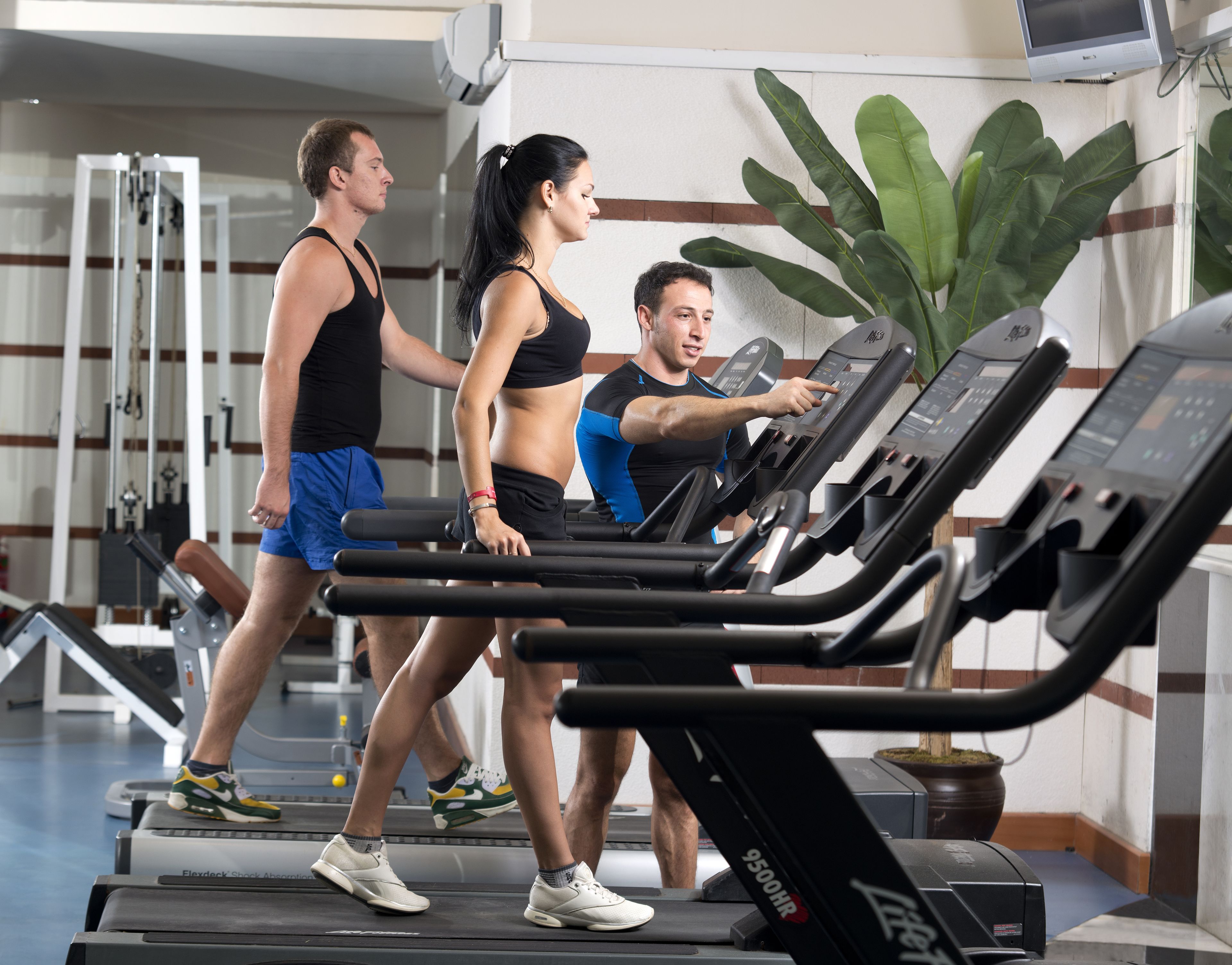 Una palestra con tapis roulant, attrezzature per esercizi e una pianta in vaso.