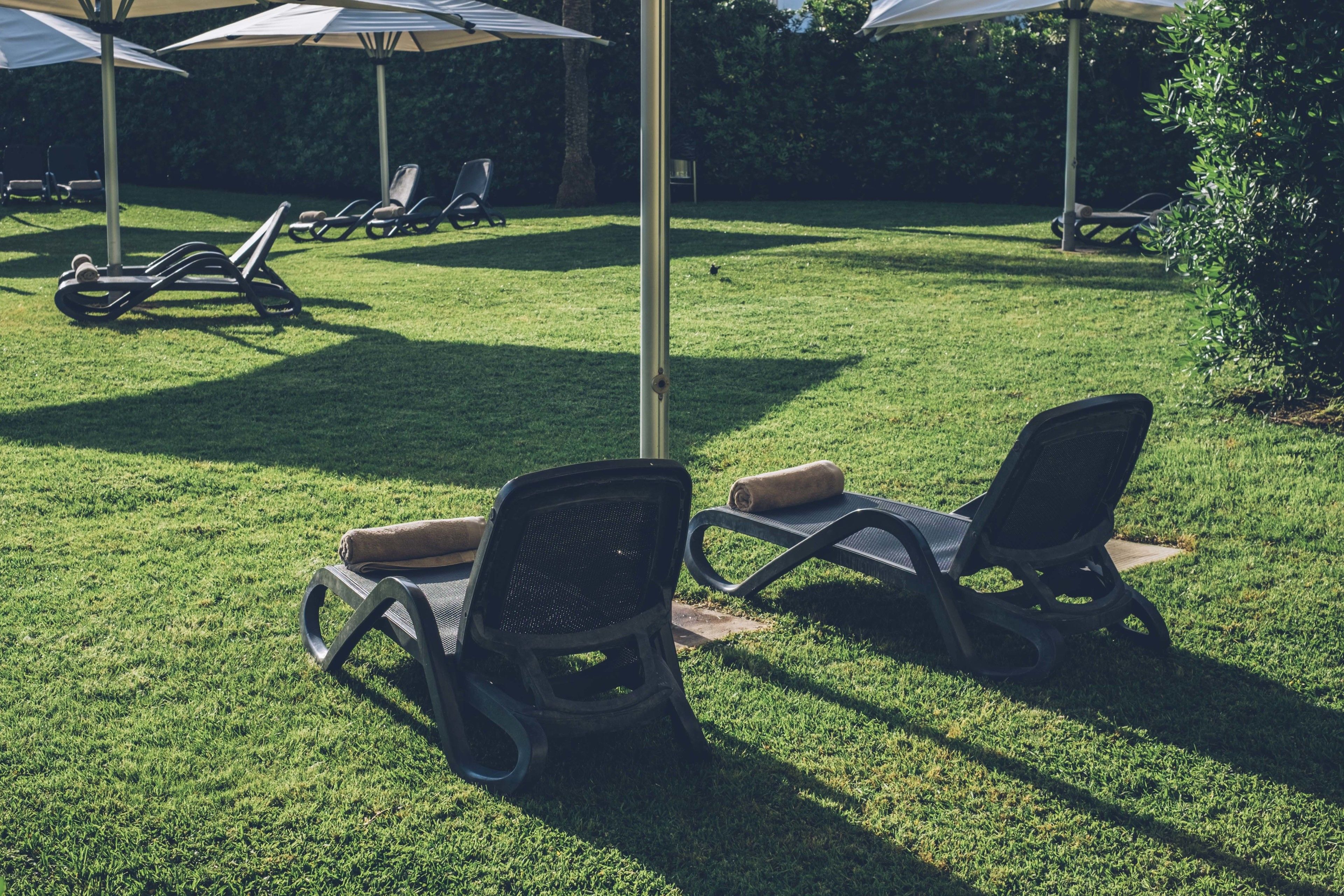 Un espacio al aire libre con césped, sillones de descanso y sombrillas.