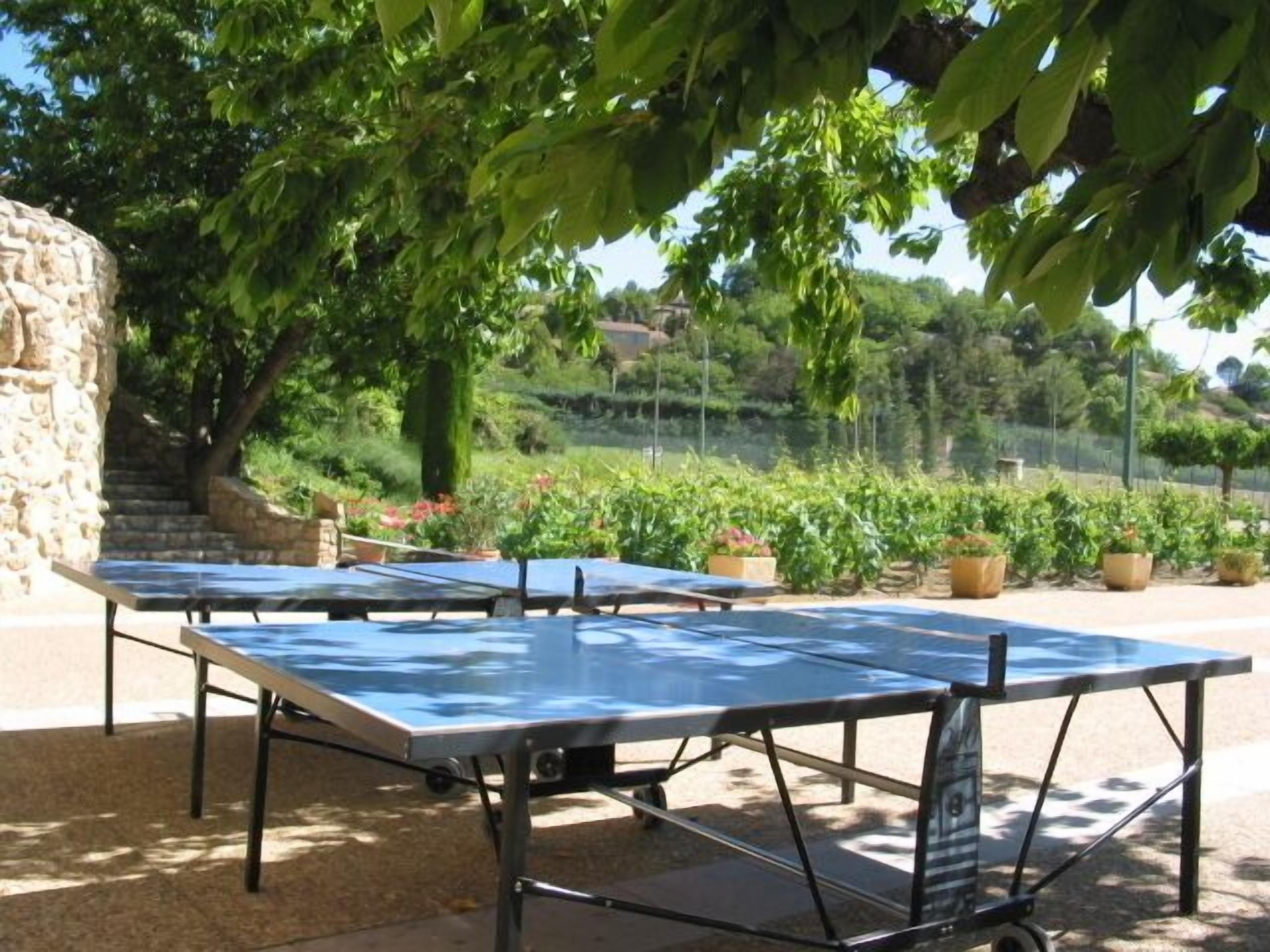 Outdoor ping pong tables set up in a garden area with stone walls and potted plants.