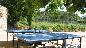 Outdoor ping pong tables set up in a garden area with stone walls and potted plants.