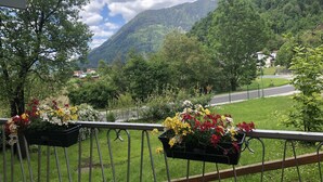 Un balcon agrémenté de jardinières fleuries, une vue sur une montagne surmontée d’un château, et une route bordée d’une clôture.