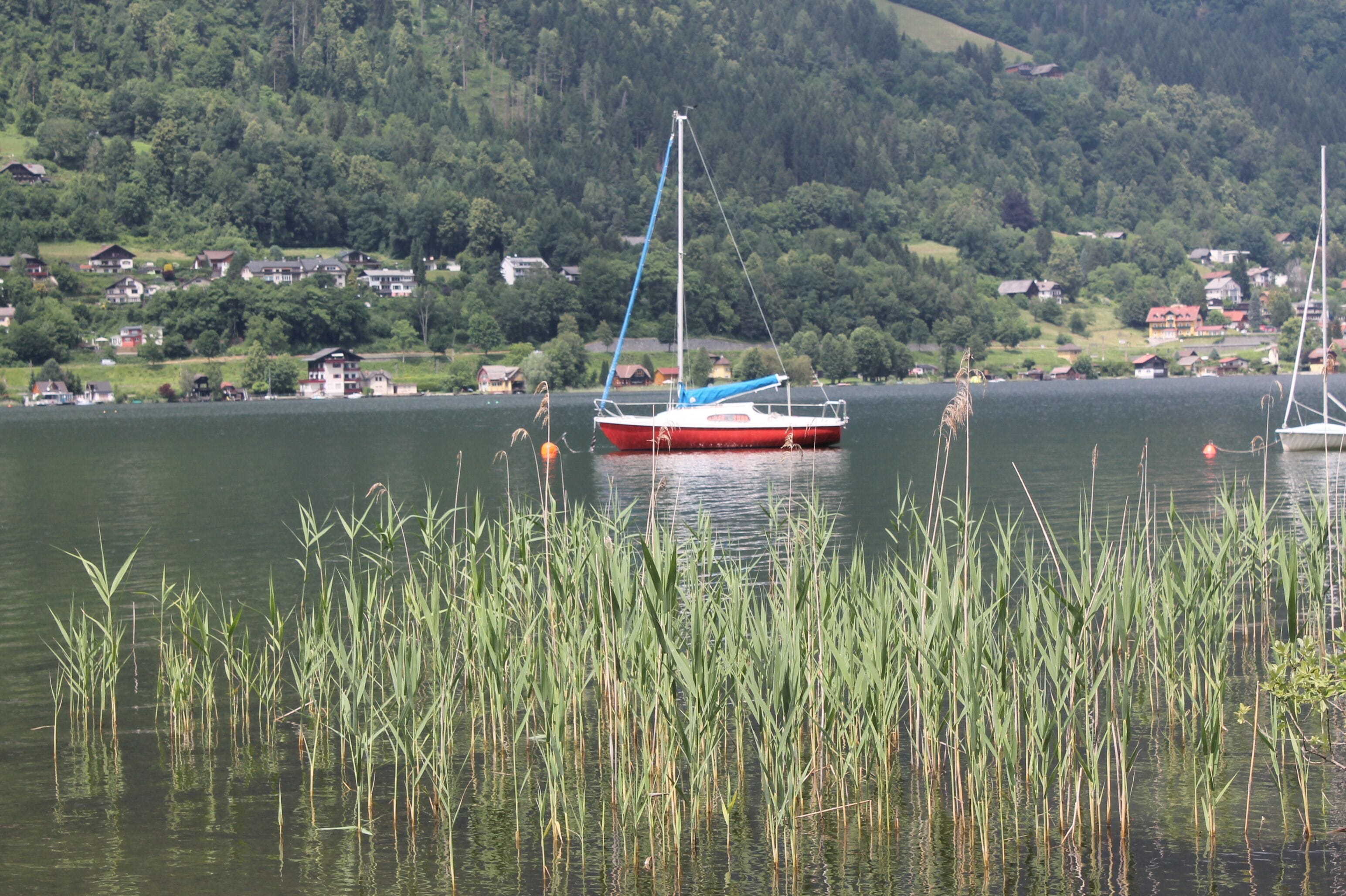 A lake with a sailboat and a houseboat in the foreground.