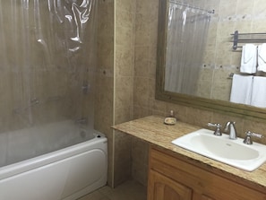 Suihkun ja ammeen yhdistelmä, hiustenkuivaaja, pyyhkeet