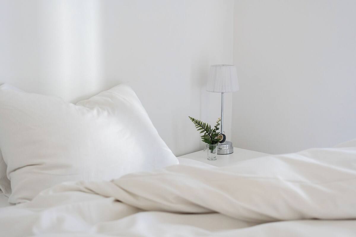 A neatly made bed with white linens, a bedside lamp, and a small vase with a plant on a white nightstand.