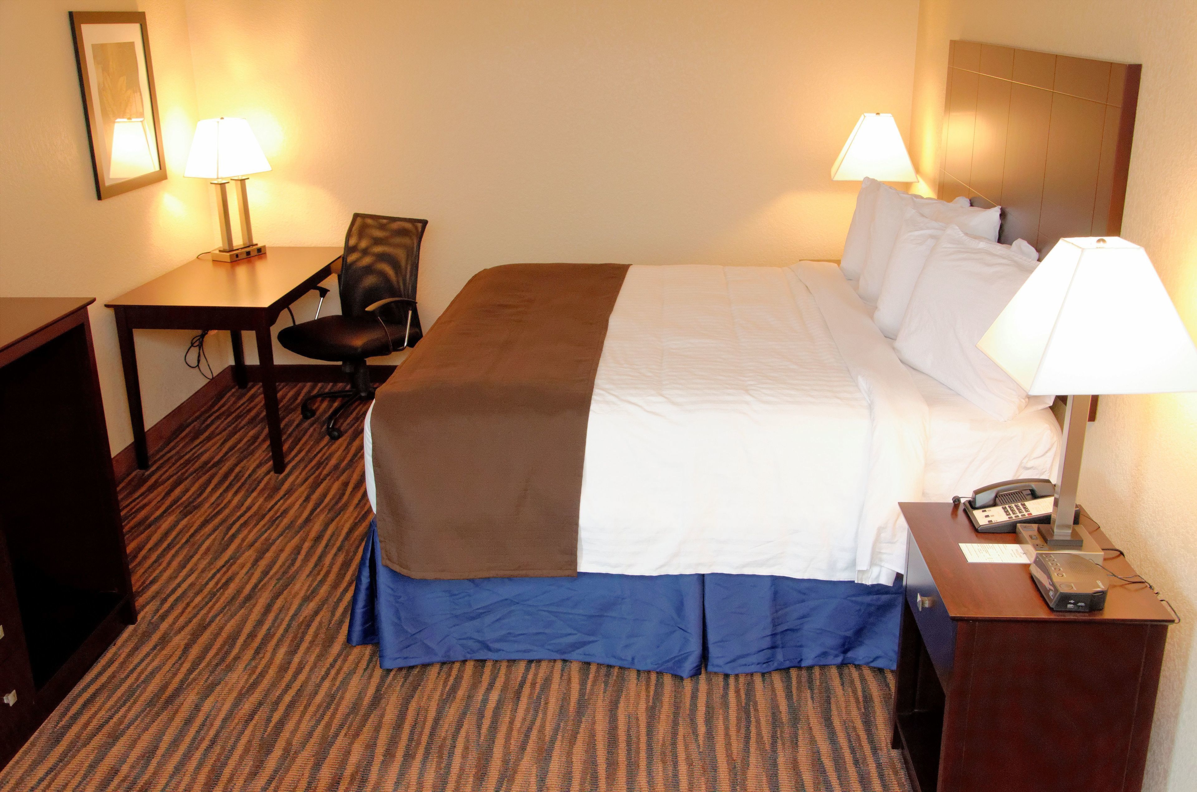 A hotel room with a bed, a desk, a chair, and two lamps.