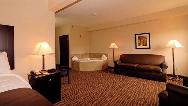 A hotel room with a bed, a sofa, a chair, a desk with a lamp, a desk lamp, a wall-mounted picture, and a bathtub. - Cobblestone Inn & Suites - Denison - Oak Ridge (Denison)